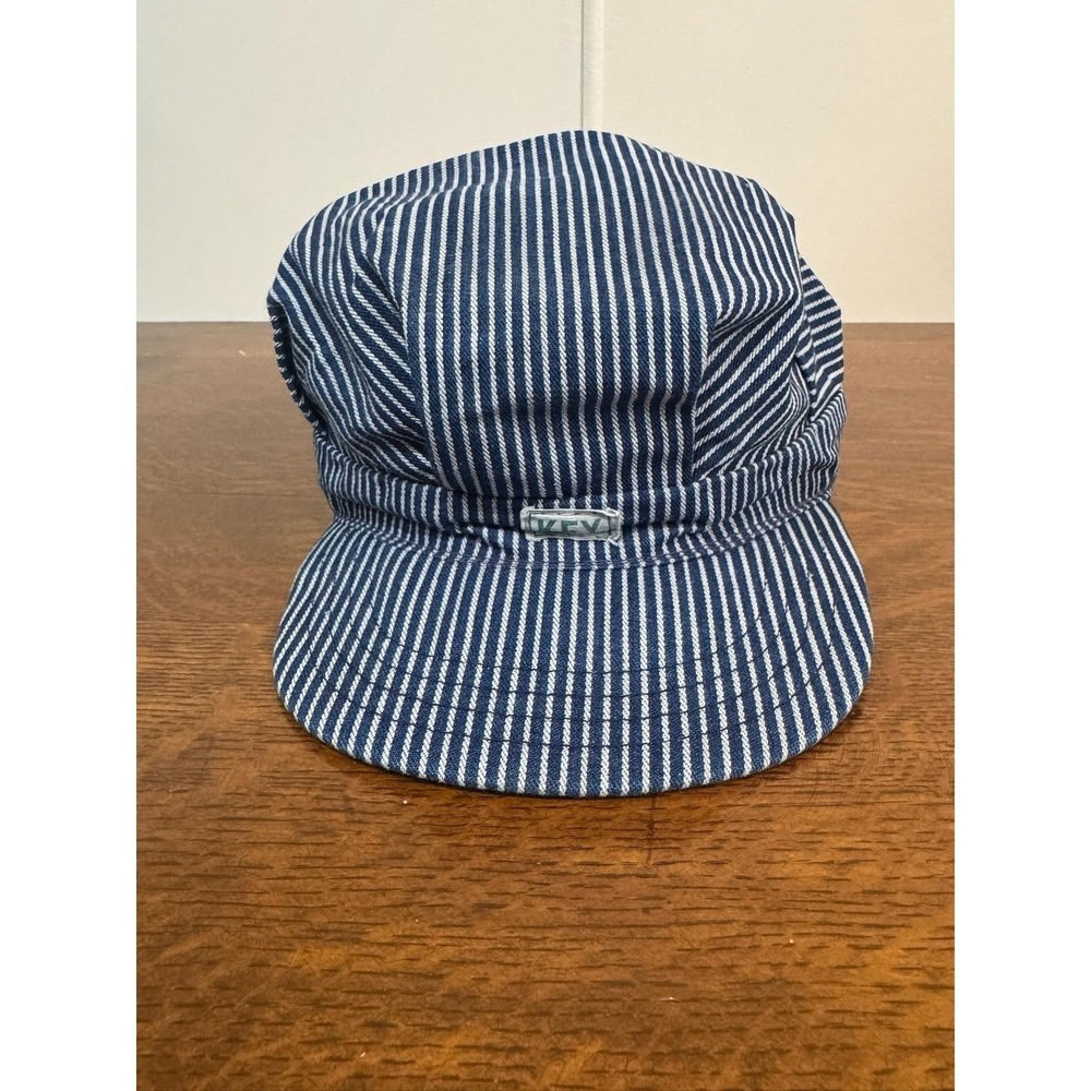 VTG Key Hat Cap Fitted Mens One‎ Size Blue Stripe Denim Army Workwear Railroad
